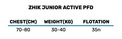 2025 Zhik Junior Active PFD 0 Size Chart